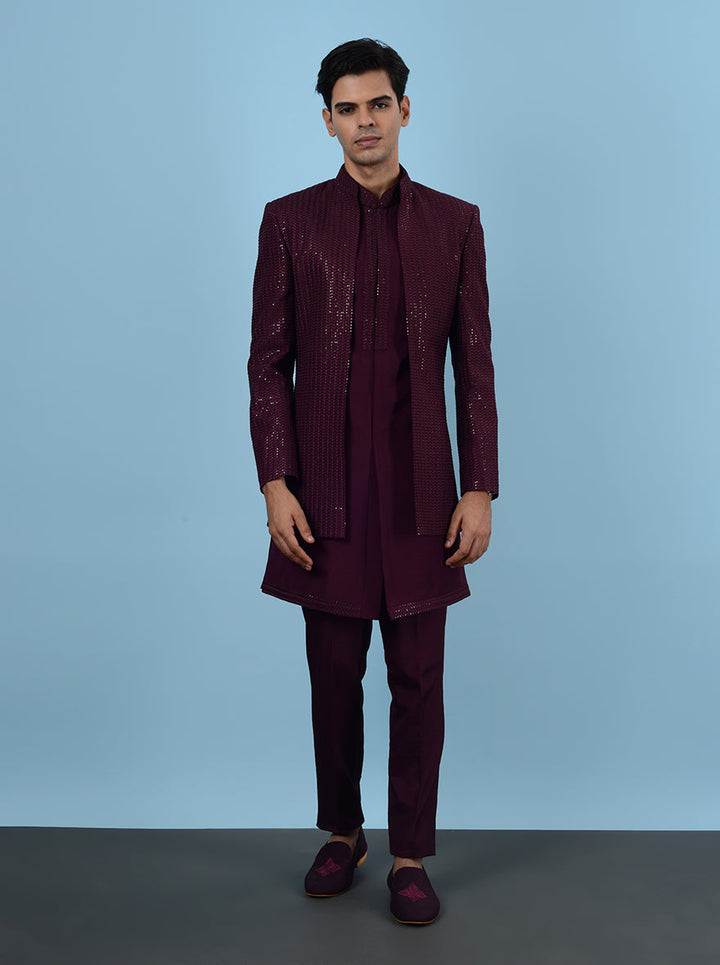 Celebrate in style with this Wine Indowestern outfit, showcasing elegant embroidery and crafted for comfort, ideal for fashionable gatherings in the USA.