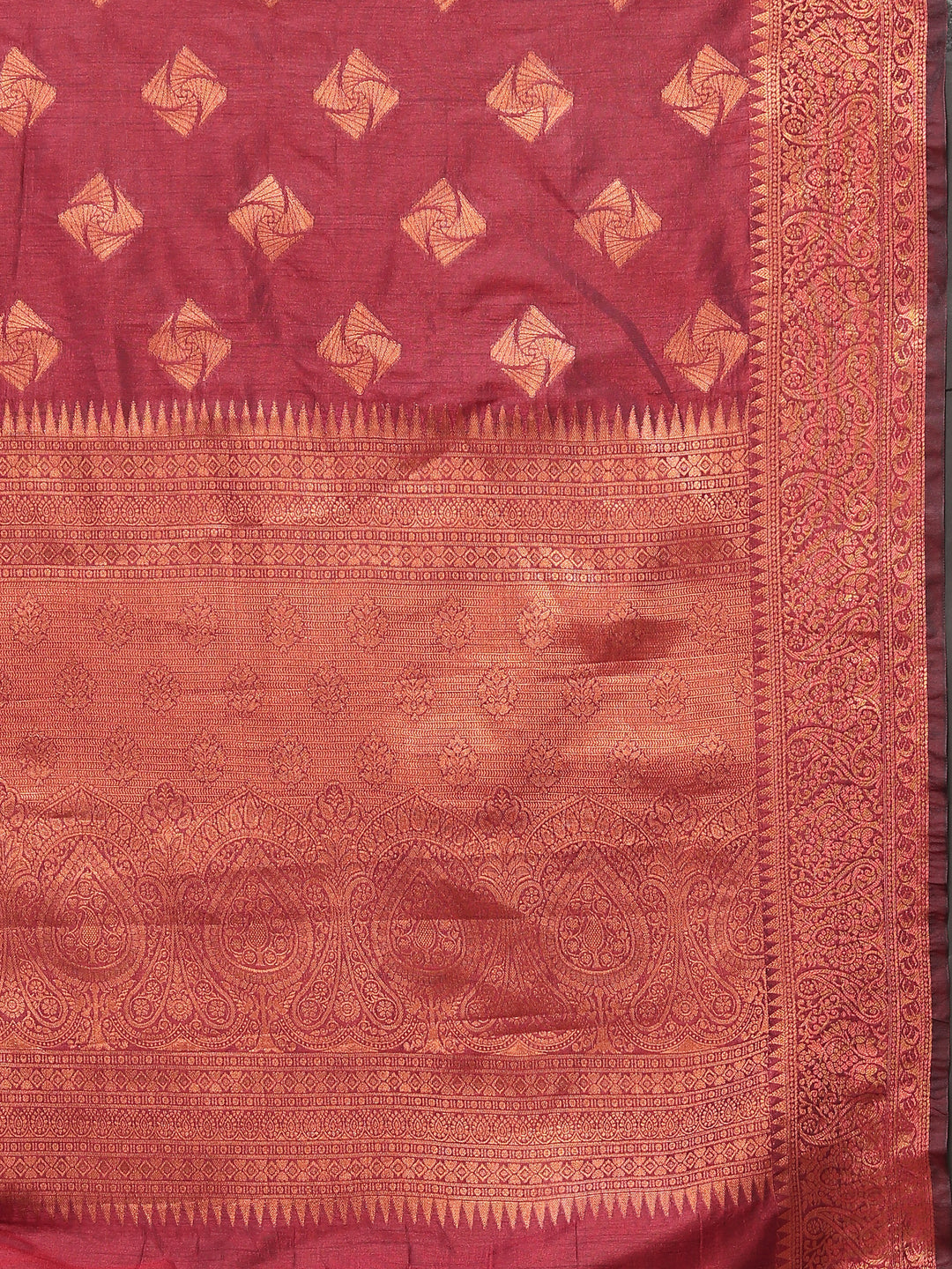 Elegant maroon katan silk saree with copper zari woven pallu and matching blouse, ideal for grand celebrations and parties.