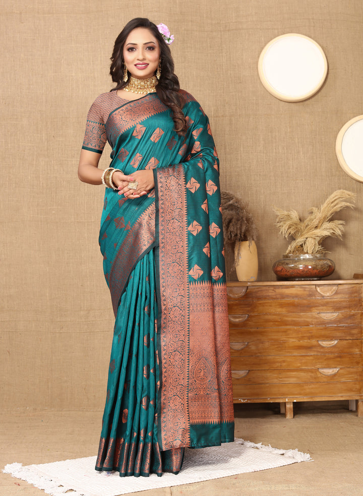 Royal sea blue katan silk saree with intricate copper zari weaving and zari border, perfect for weddings and special occasions.