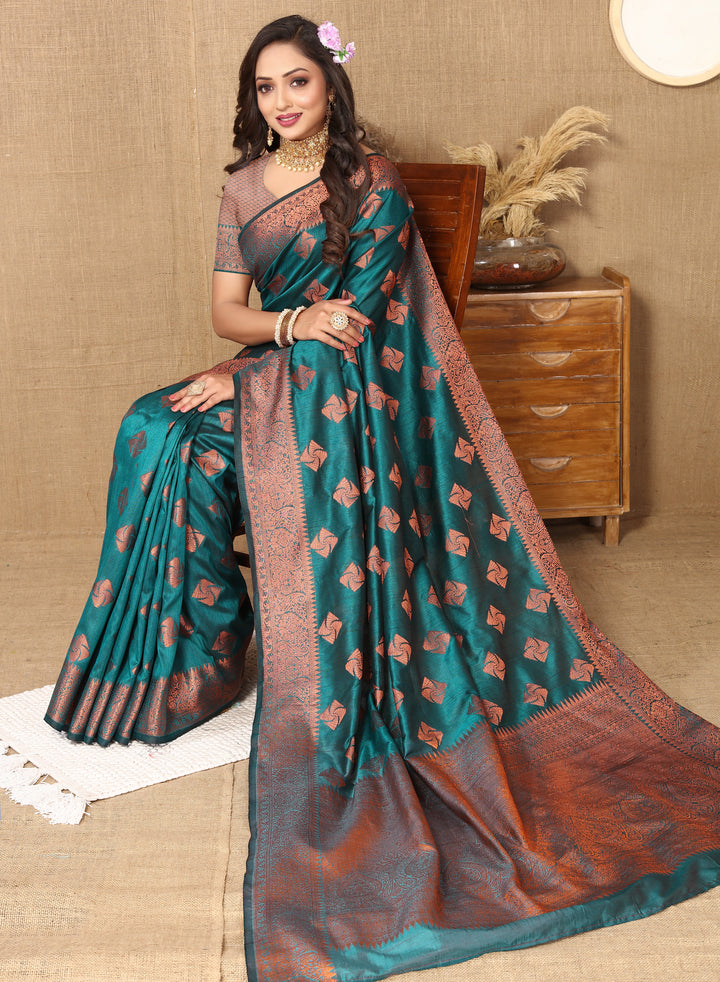 Elegant sea blue katan silk saree with beautiful copper zari weaving, matching blouse piece, and zari pallu for weddings.