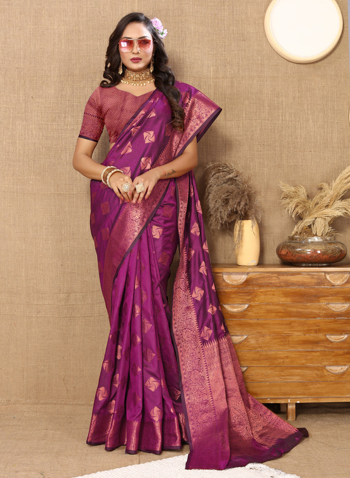 Opulent wine katan silk saree with intricate copper zari work, a zari border, and coordinating blouse piece for traditional events.