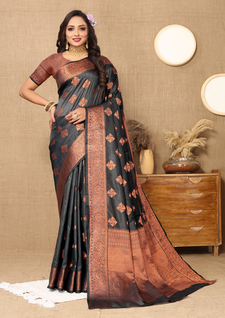 Classic black katan silk saree with intricate copper zari weaving and zari pallu, perfect for weddings and special events.