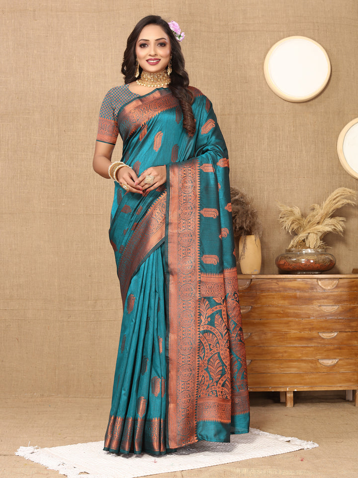 Teal-blue Katan silk saree with luxurious zari border, perfect for weddings and traditional events.