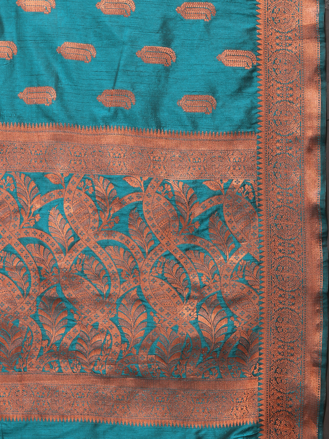 Teal-blue Katan silk saree featuring luxurious zari border, perfect for cultural events.