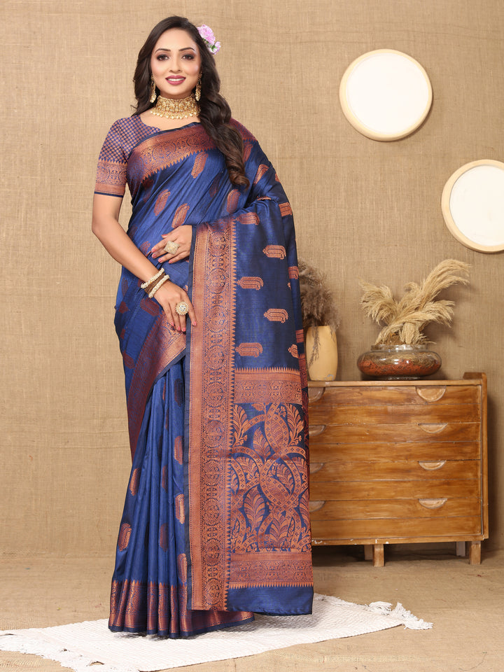 Navy Katan silk saree featuring intricate zari work, perfect for festive gatherings and weddings.