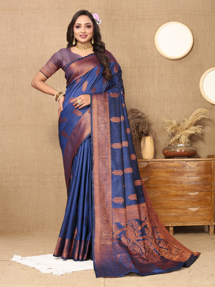 Designer navy silk saree with exquisite zari border, perfect for bridal celebrations.