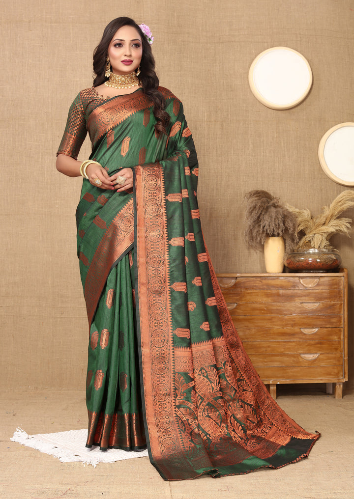 Dark-green Katan silk saree with exquisite zari border, perfect for formal and cultural events.