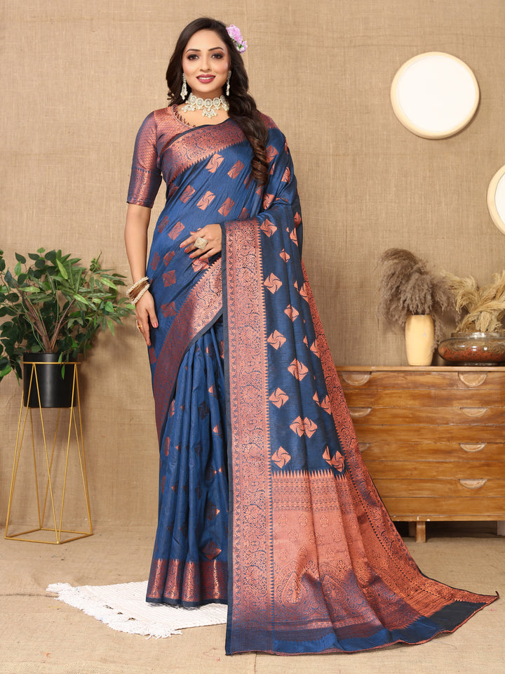 Timeless navy katan silk saree with copper zari woven pallu and zari border, a sophisticated choice for special events.