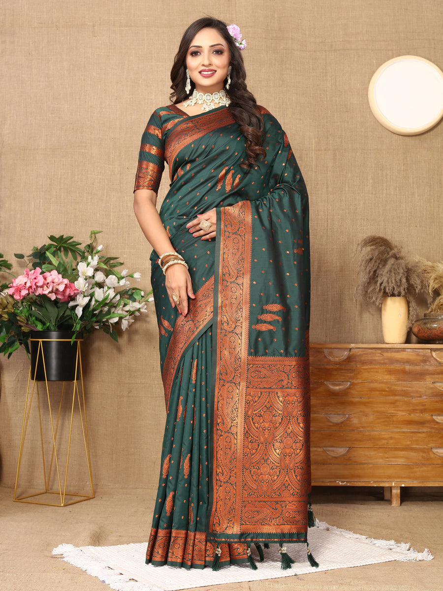 Elegant dark-green paisley woven Indian saree with rich zari pallu and contrast border for festive occasions.