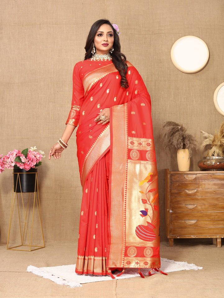 Stunning red designer Paithani silk saree with intricate zari and meenakari work, ideal for festive occasions.