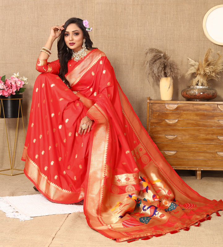 Traditional red Paithani silk saree with beautiful zari and meenakari work, ideal for Indian celebrations.