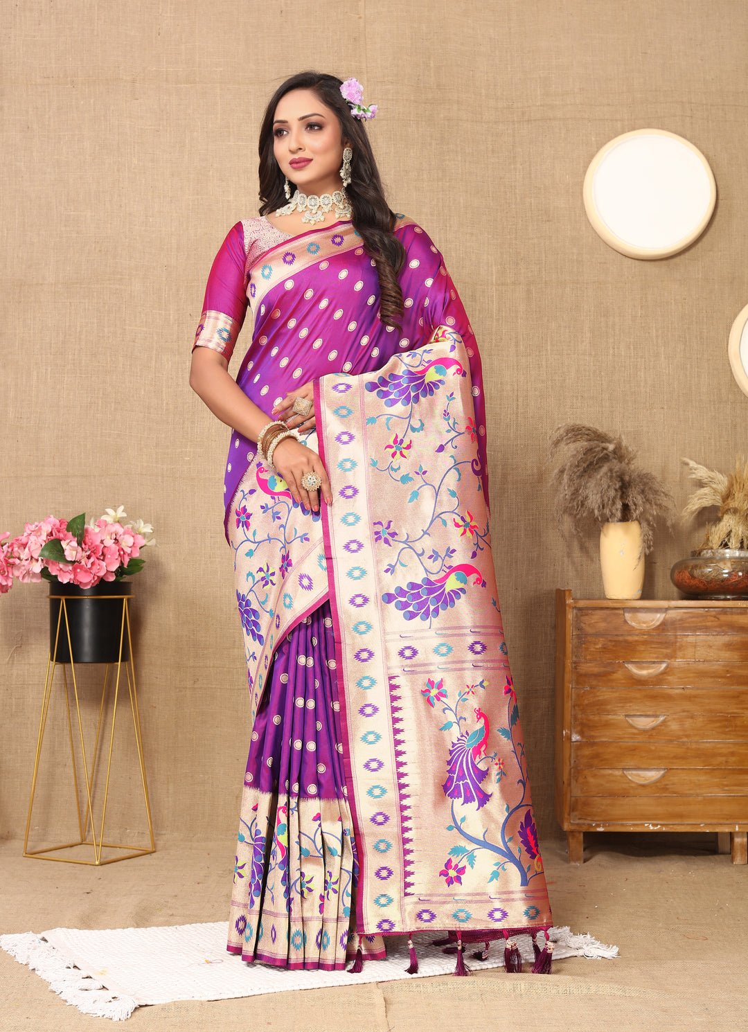 Purple Paithani silk saree with zari weaving, paired with a luxurious silk blouse piece, perfect for weddings.