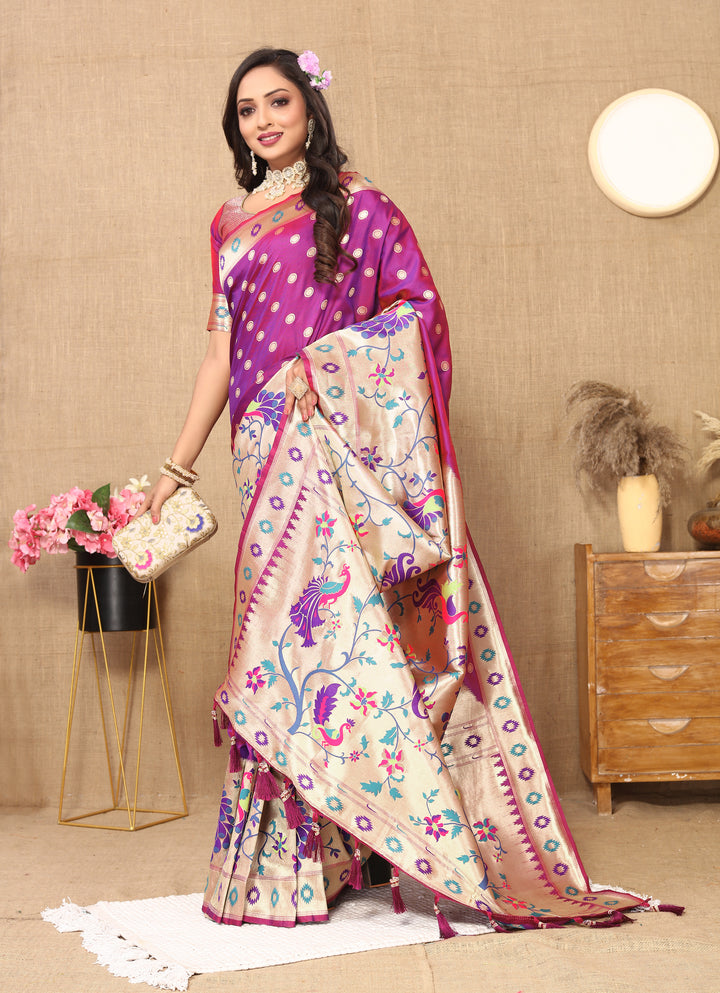 Sophisticated purple saree in Paithani silk with classic zari pallu, ideal for Indian celebrations.