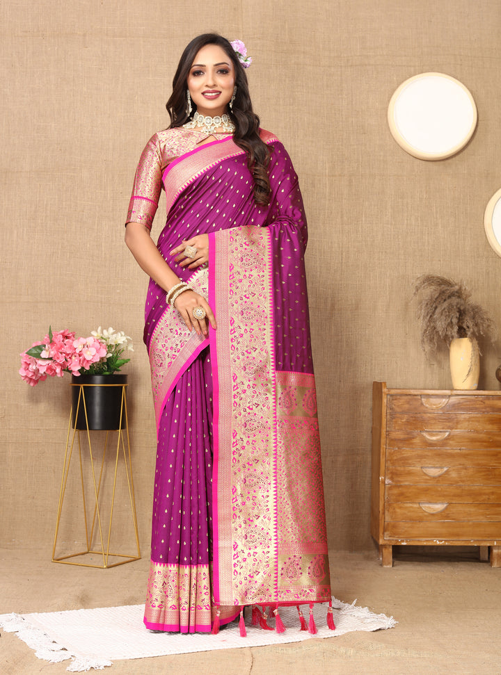 Luxurious Purple Soft Silk Saree with exquisite zari weaving and a brocade blouse for festive occasions.