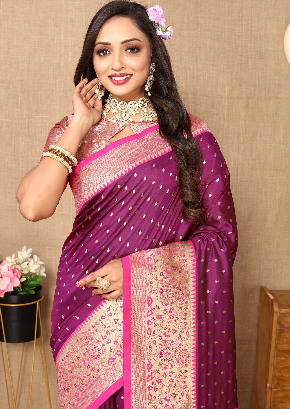 Purple Refined Soft Silk Saree featuring intricate zari weaving and a luxurious brocade blouse.