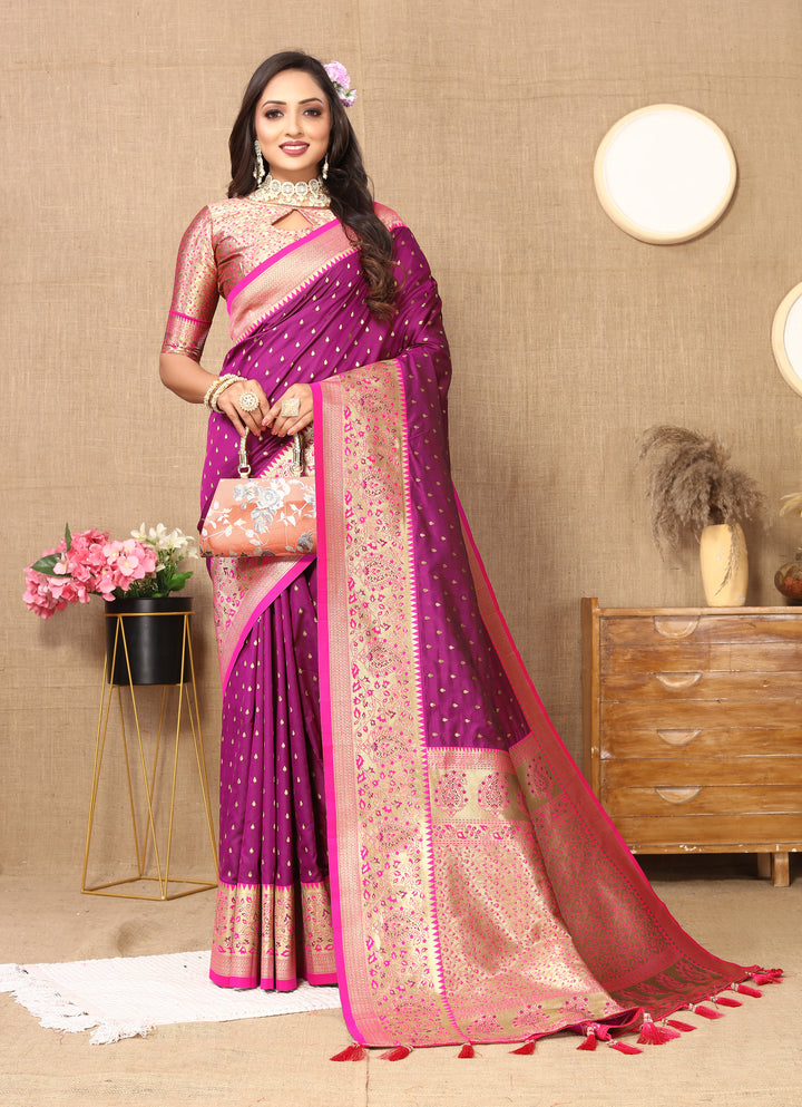 Elegant Purple Soft Silk Saree with a stunning brocade blouse and detailed zari weaving.