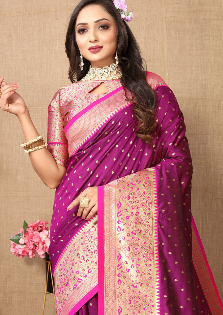 Premium Purple Soft Silk Saree with zari weaving and an opulent brocade blouse for special events.