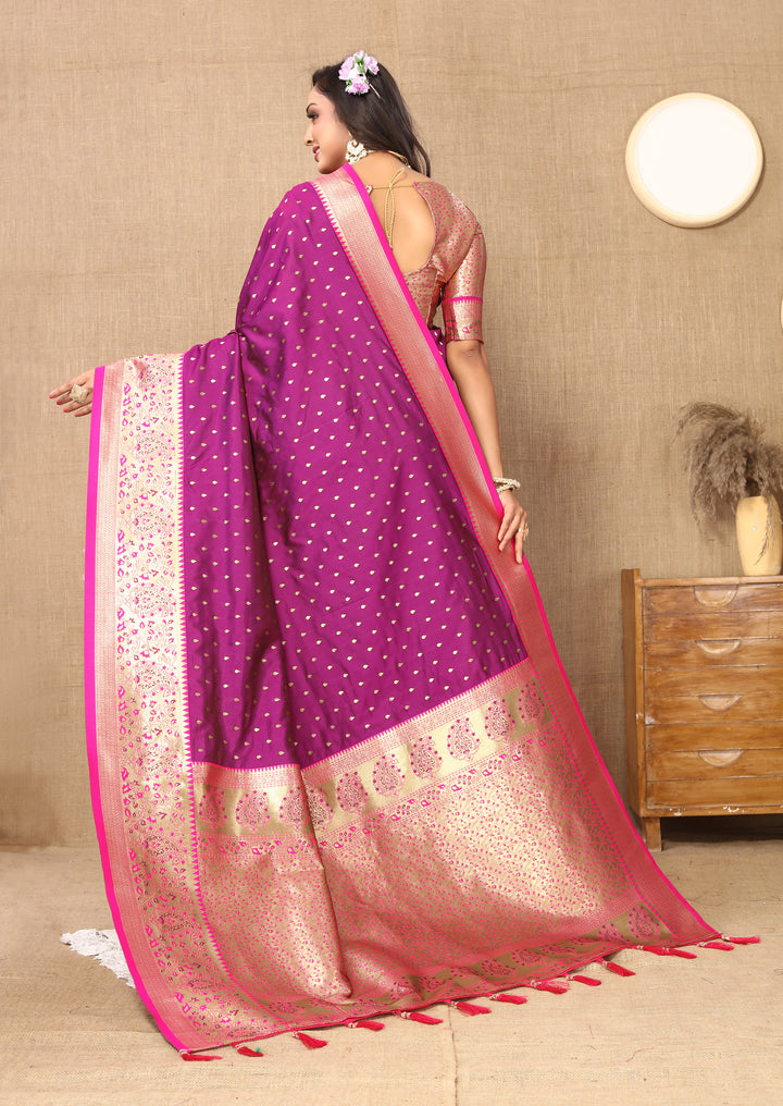 Gorgeous Purple Silk Saree with intricate zari details and a brocade blouse, perfect for weddings.