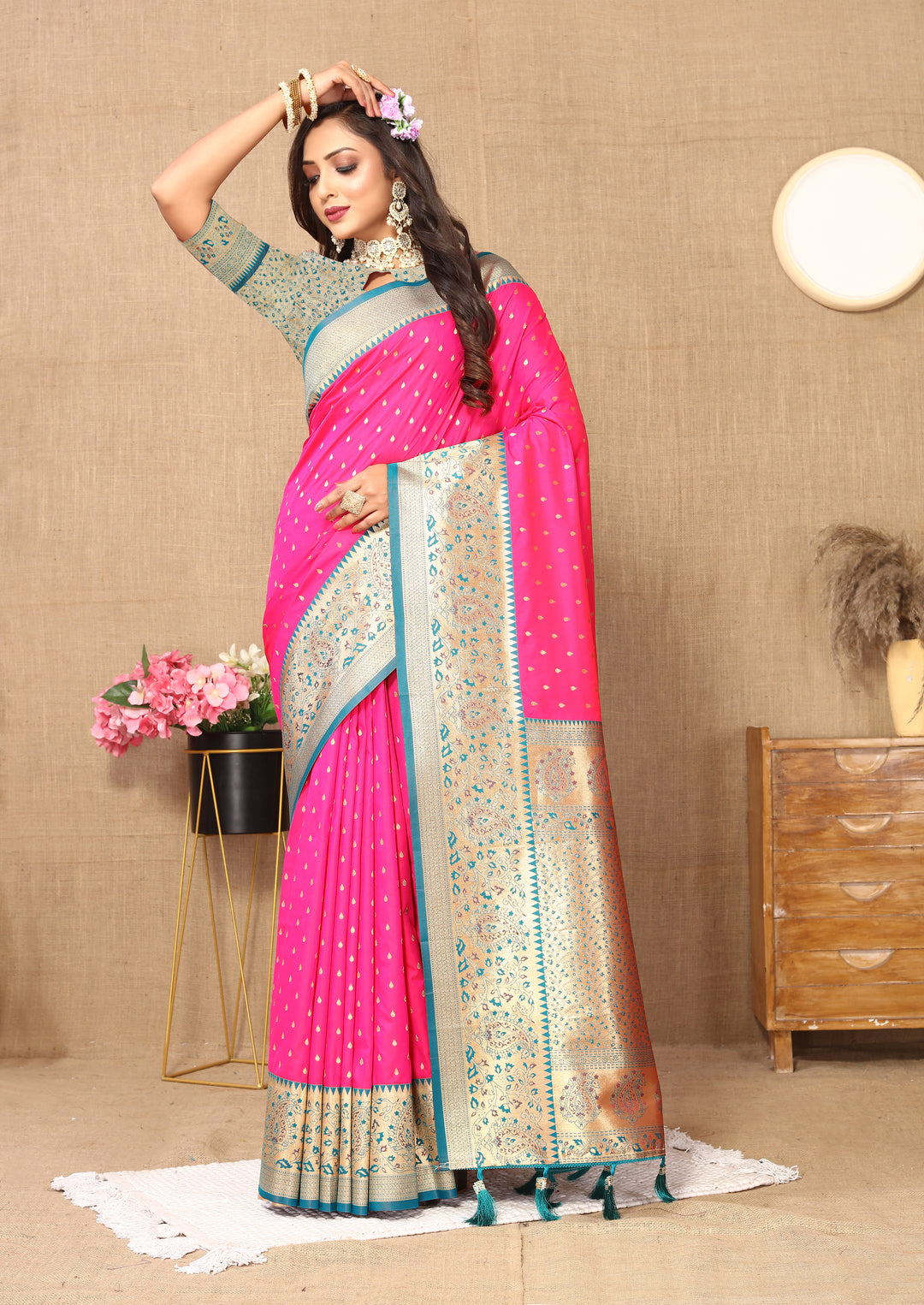 Beautiful Pink Soft Silk Saree with zari weaving and a luxurious brocade blouse for weddings.