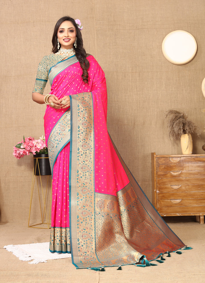 Elegant Pink Soft Silk Saree with intricate zari weaving and a stunning brocade blouse.