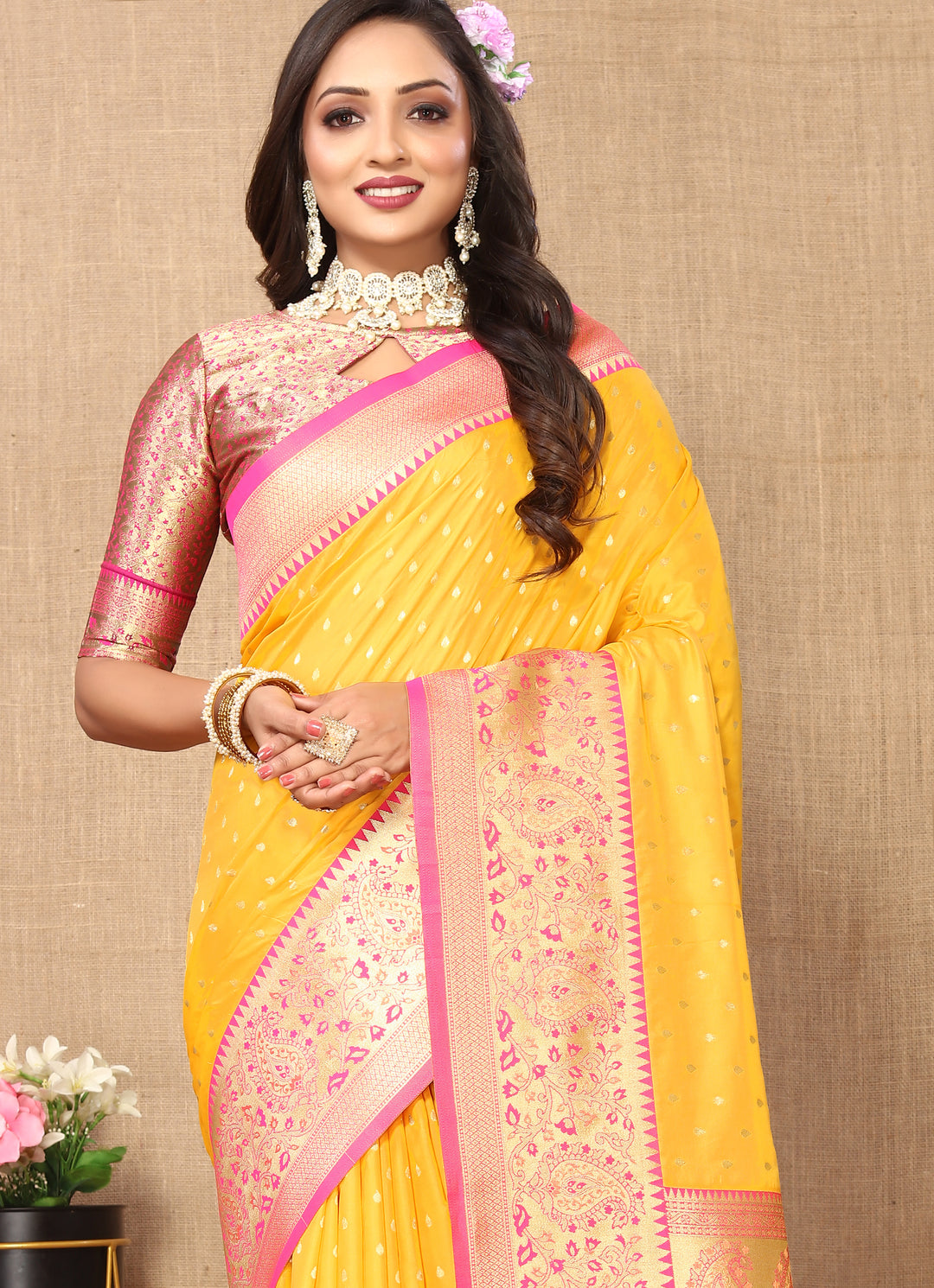 Stunning Pink Soft Silk Saree with designer zari weaving and an elegant brocade blouse.