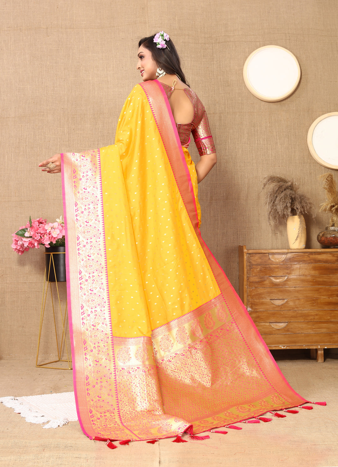 Yellow Refined Soft Silk Saree with detailed zari weaving and a brocade blouse, perfect for weddings.