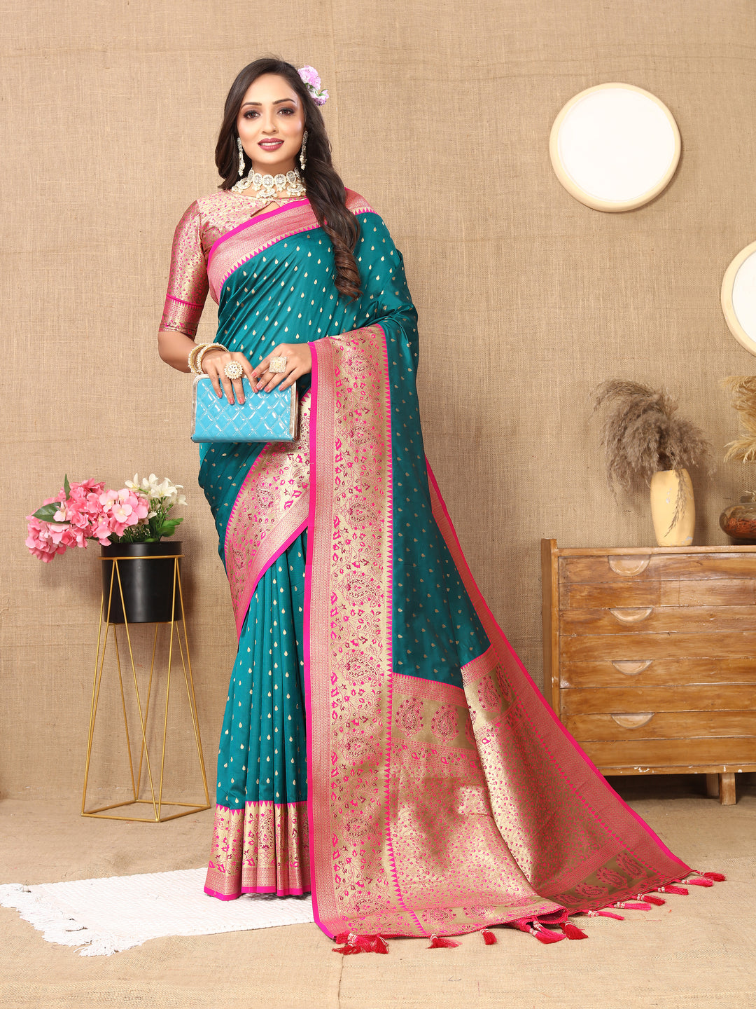 Soft Sky-Blue Silk Saree with intricate zari weaving and a luxurious brocade blouse for special events.