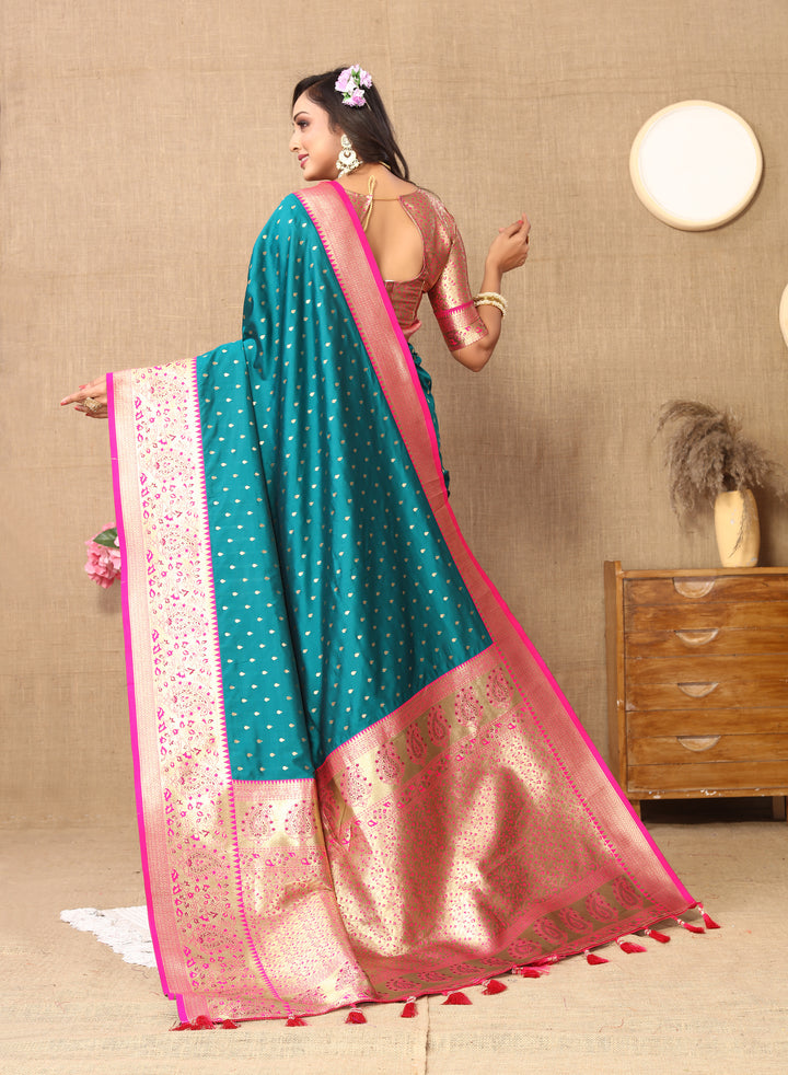 Sky-Blue Soft Silk Saree featuring exquisite zari weaving and an opulent brocade blouse for weddings.