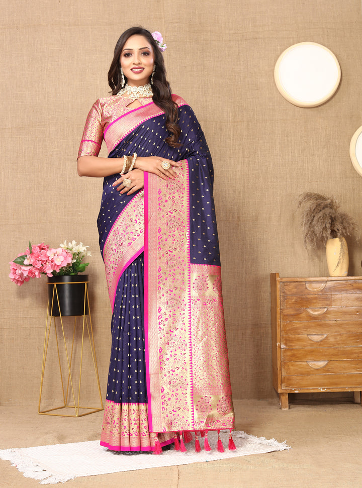 Soft Sky-Blue Silk Saree with luxurious zari design and a brocade blouse, perfect for traditional events.