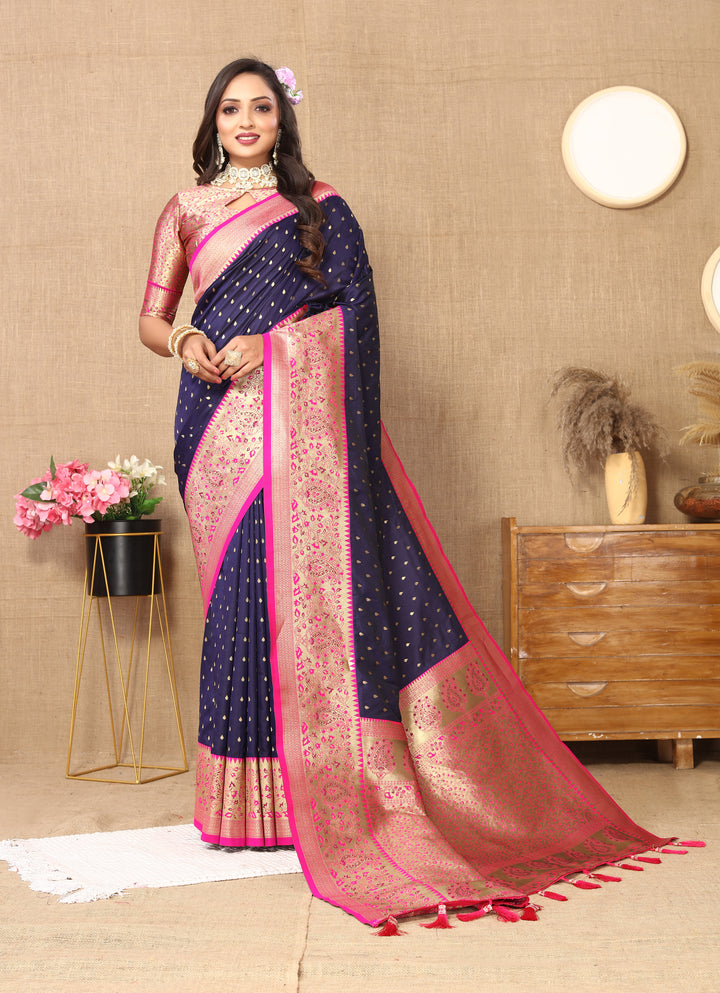 Sky-Blue Soft Silk Saree with delicate zari weaving and an elegant brocade blouse for grand occasions.