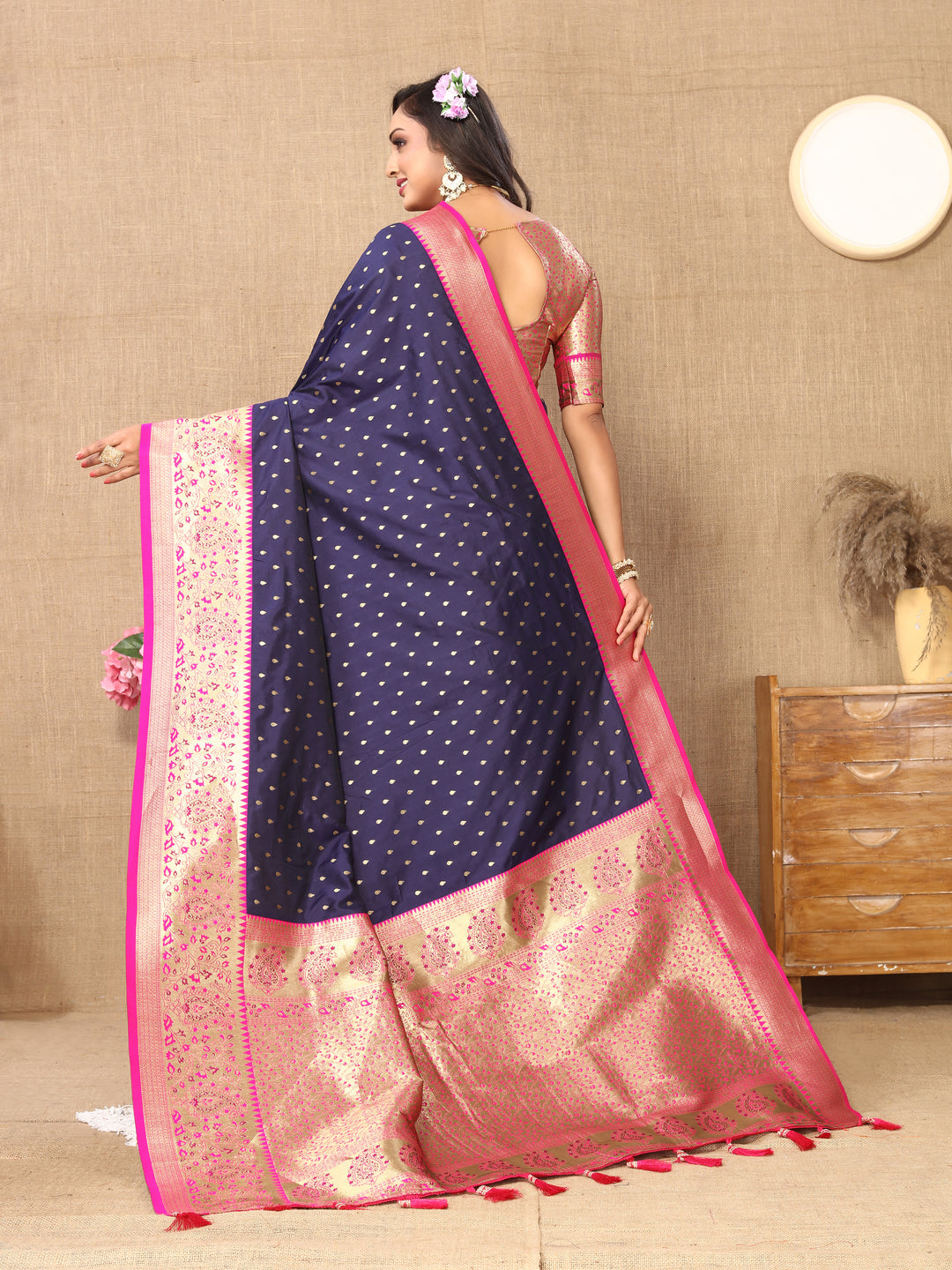 Navy Soft Silk Saree with intricate zari weaving and a luxurious brocade blouse for weddings.