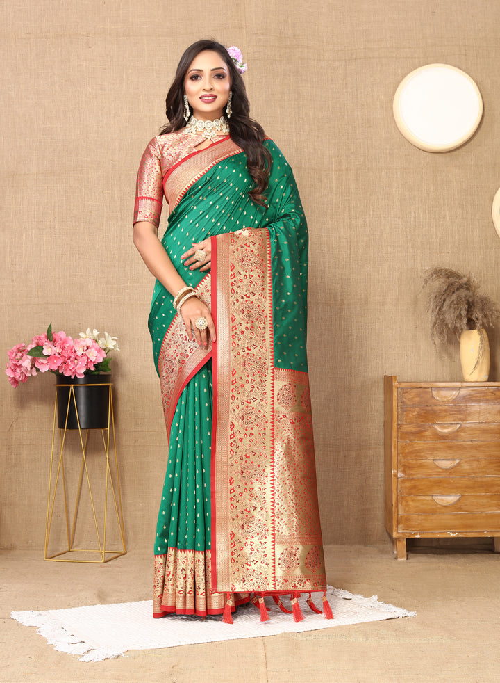 Navy Soft Silk Saree featuring rich zari weaving and a brocade blouse, perfect for celebrations.