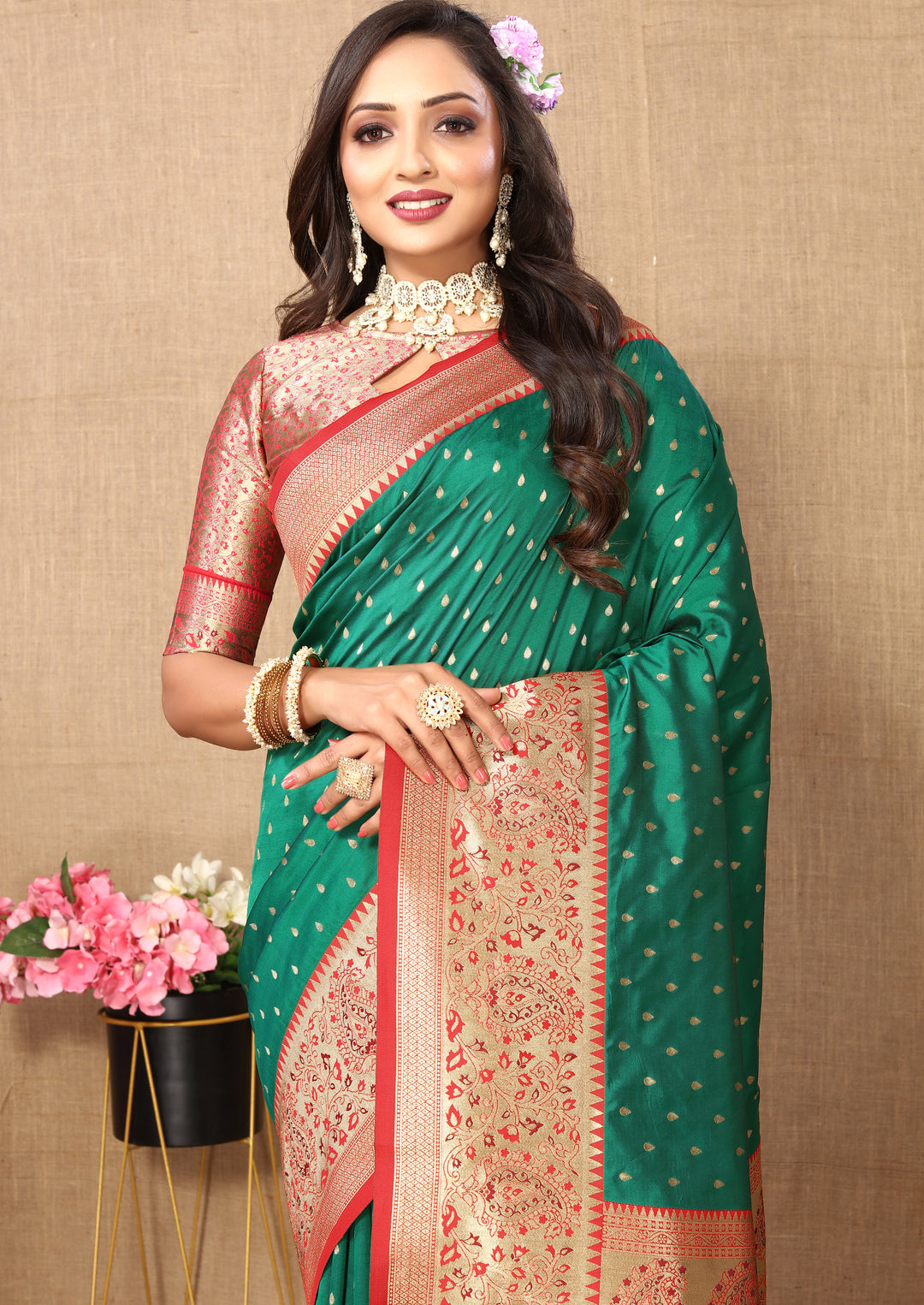 Navy Soft Silk Saree with intricate zari weaving and an opulent brocade blouse for festive occasions.