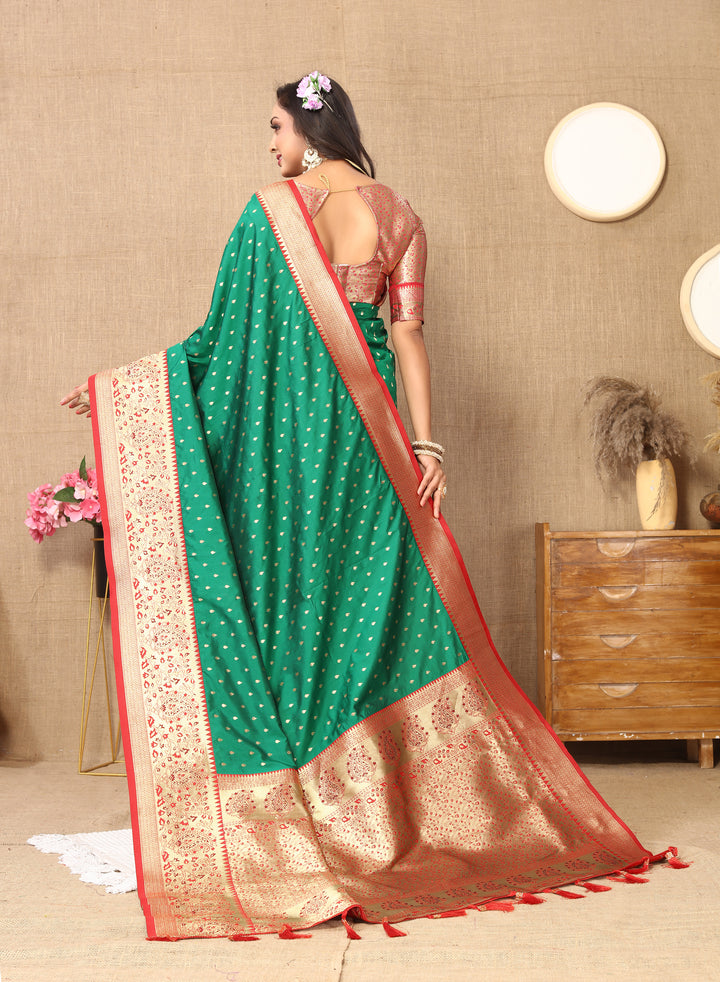 Rama Soft Silk Saree with intricate zari weaving and a beautiful brocade blouse for weddings.