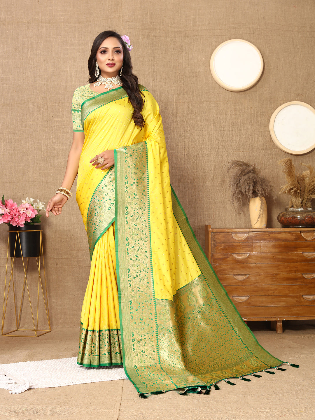 Radiant Rama Soft Silk Saree featuring intricate zari weaving and a brocade blouse, perfect for festivals.