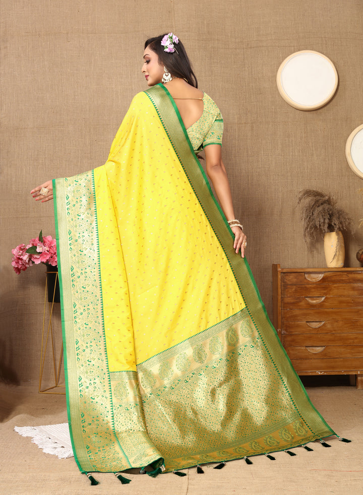 Refreshing Lemon-Yellow Soft Silk Saree with exquisite zari weaving and a luxurious brocade blouse.