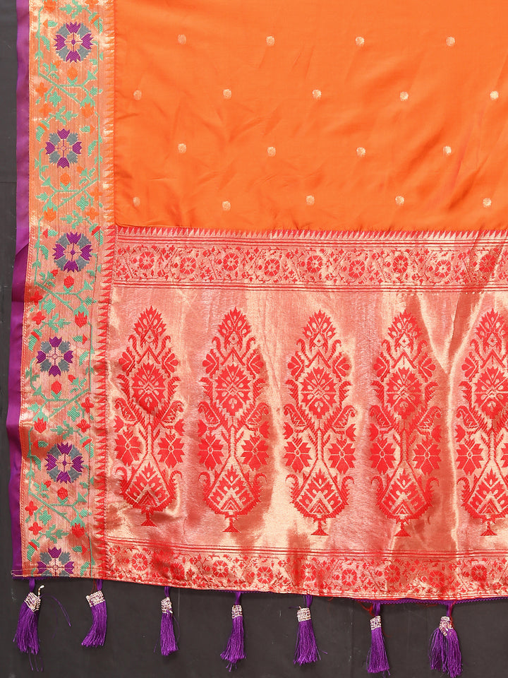 Orange Paithani saree with elaborate Meenakari weaving and a glittering zari pallu, perfect for festive wear.