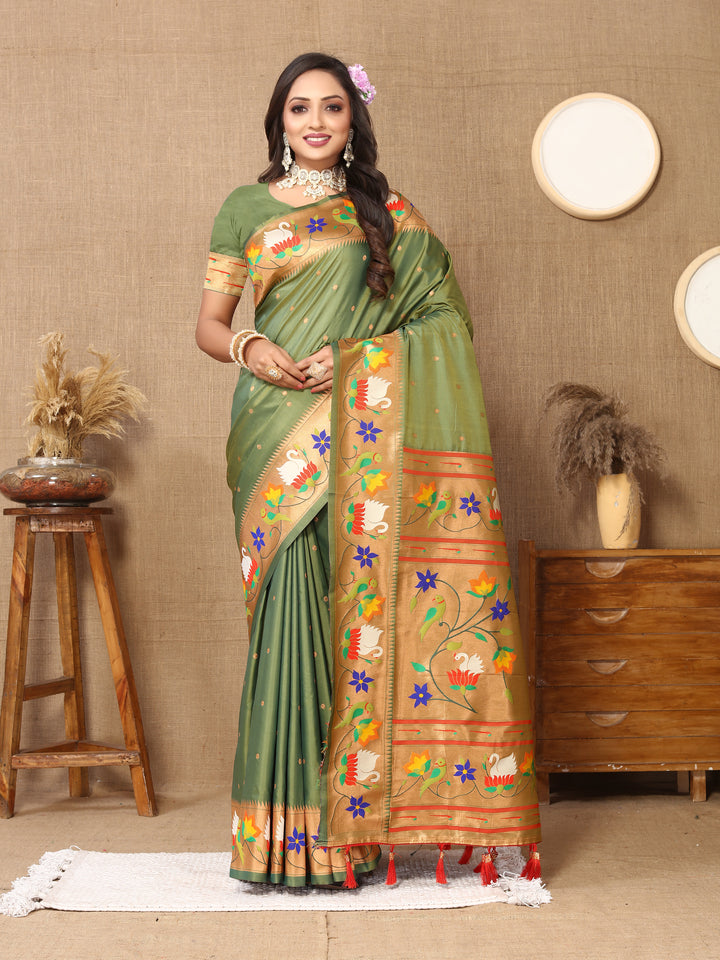 Olive Paithani silk saree with rich meenakari weaving and a golden zari border, ideal for weddings.