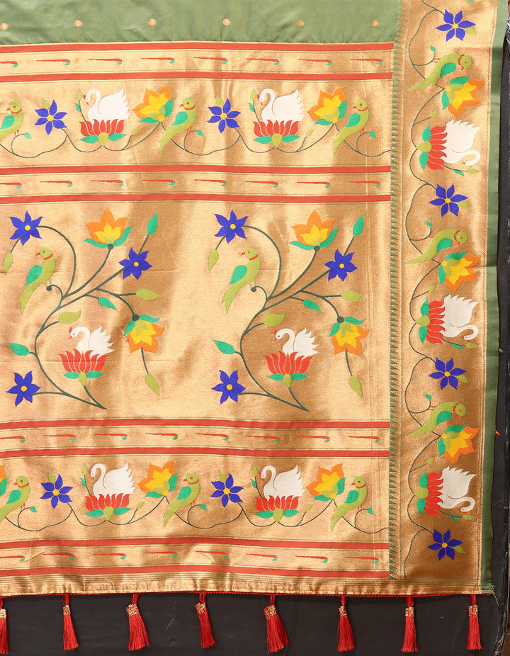 Beautiful olive Paithani silk saree with exquisite meenakari weaving and a luxurious zari border, ideal for weddings.