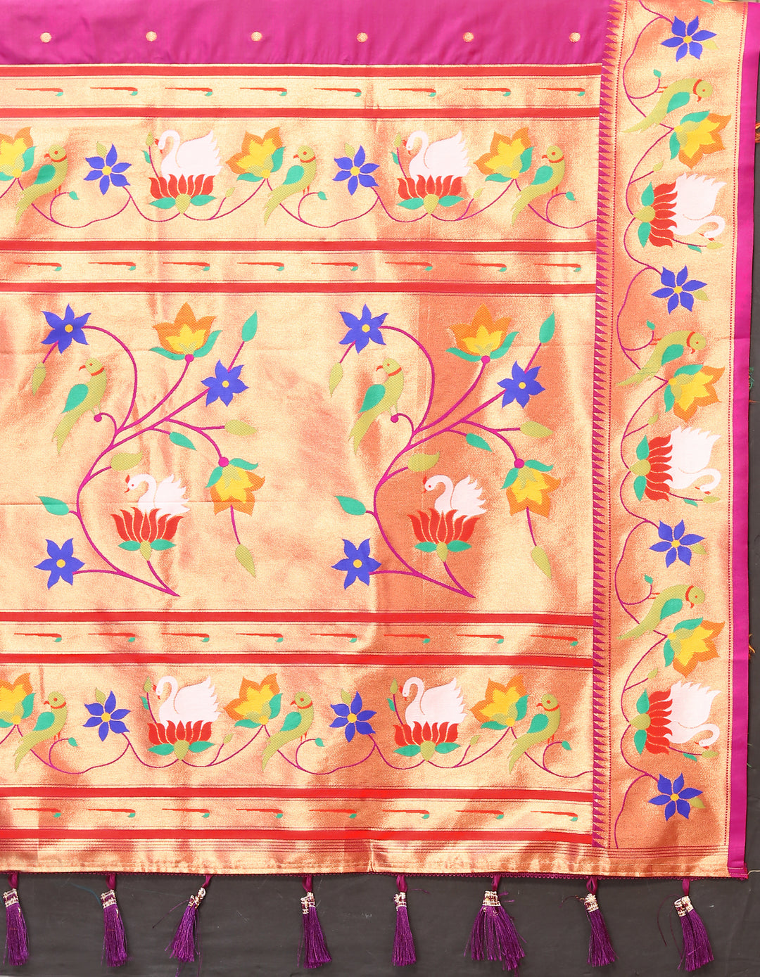 Orange Paithani silk saree featuring rich meenakari weaving and a vibrant zari border, perfect for weddings.