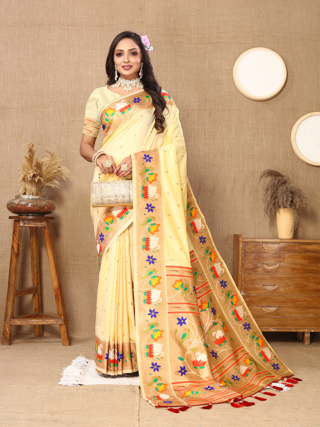 Beautiful beige Paithani silk saree with detailed meenakari weaving and a shimmering zari border, ideal for bridal wear.