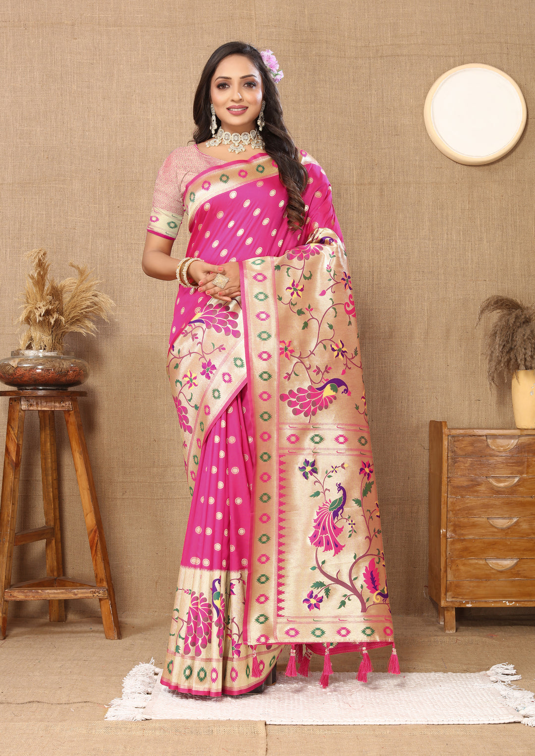 Timeless purple silk saree with ornate zari and silk blouse piece, perfect for cultural gatherings.