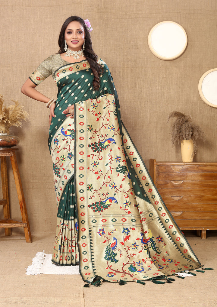 Teal-green Paithani silk saree with exquisite zari weaving, ideal for festive occasions.