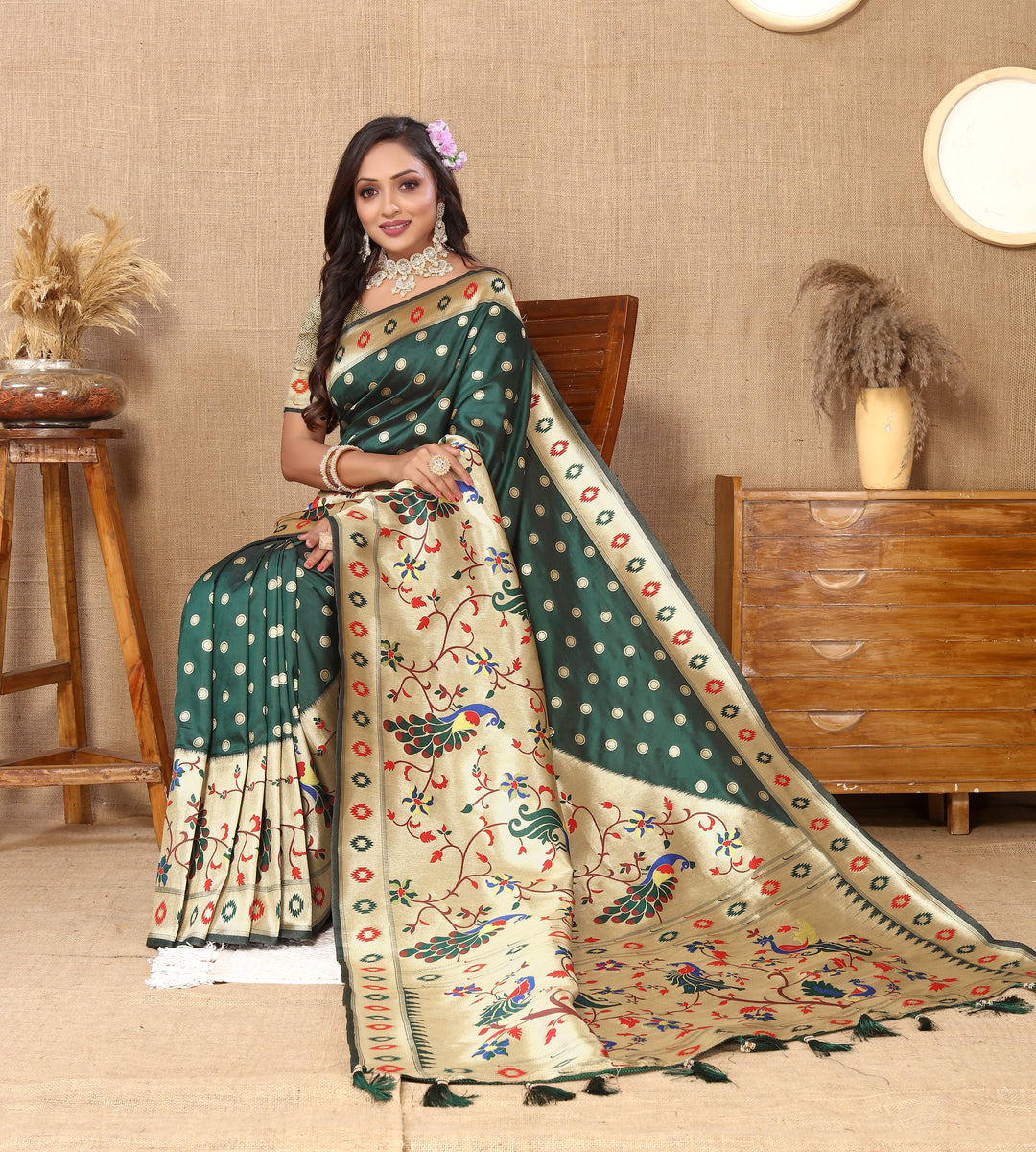 Elegant teal-green silk saree with luxurious zari work and silk blouse, perfect for weddings.