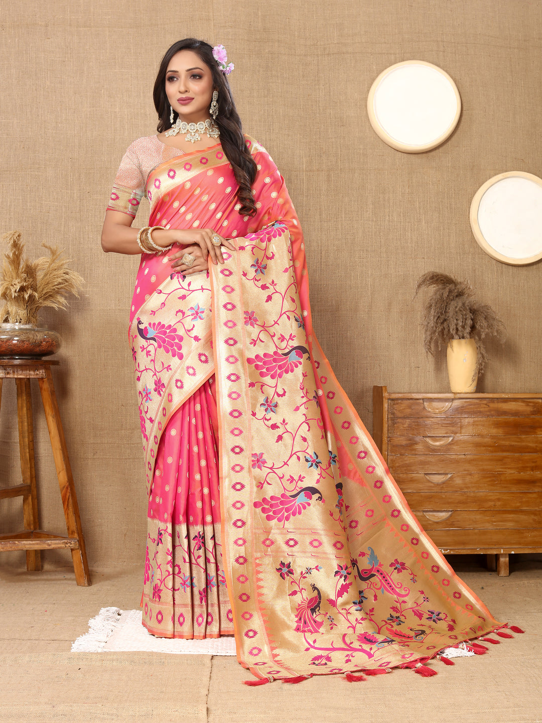 Peach Paithani silk saree with luxurious zari work, ideal for festive celebrations.