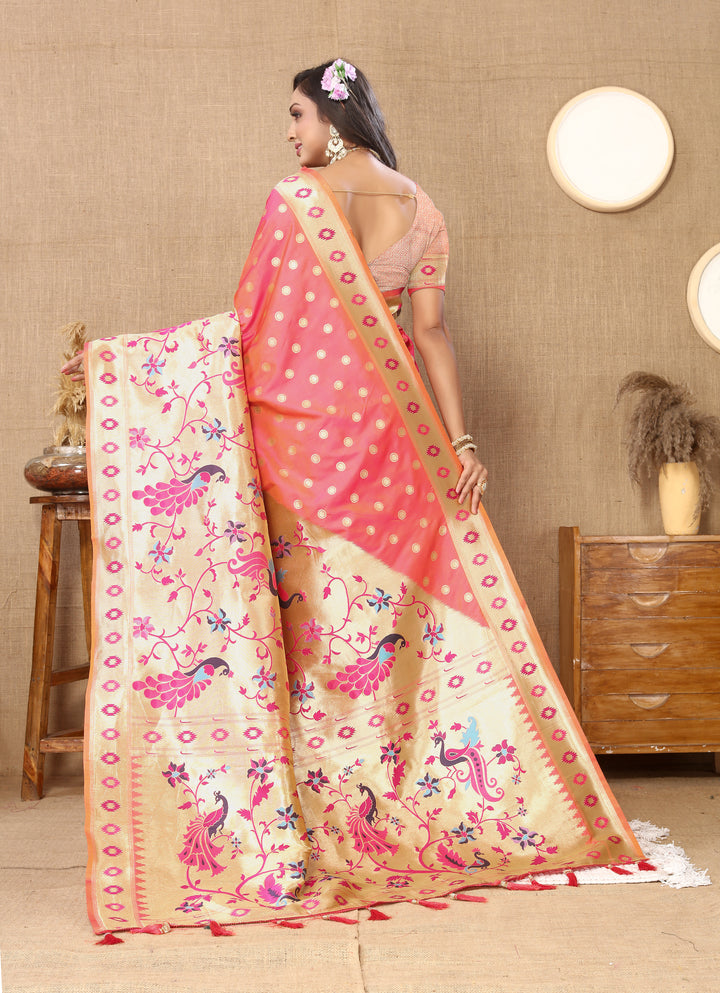 Timeless peach Paithani saree with intricate zari design, ideal for traditional occasions.