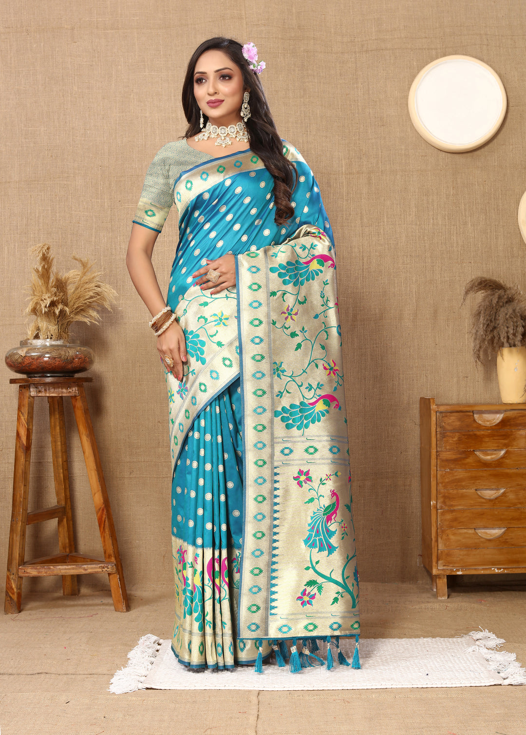 Sophisticated peach Paithani saree with intricate zari work, ideal for cultural celebrations.