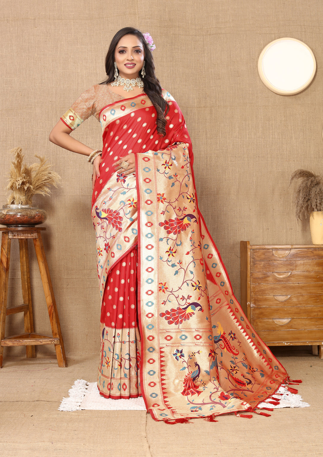 Red Paithani silk saree with exquisite zari work, perfect for Indian weddings.