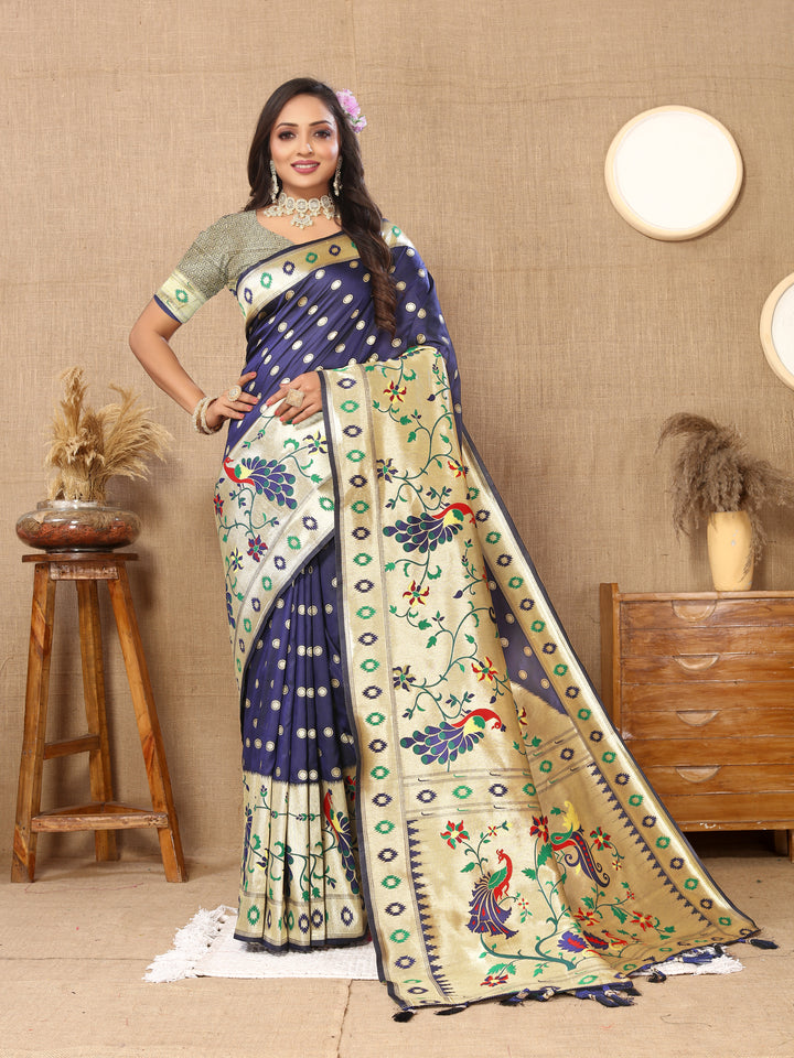 Navy Paithani silk saree with elegant zari weaving, ideal for cultural occasions.