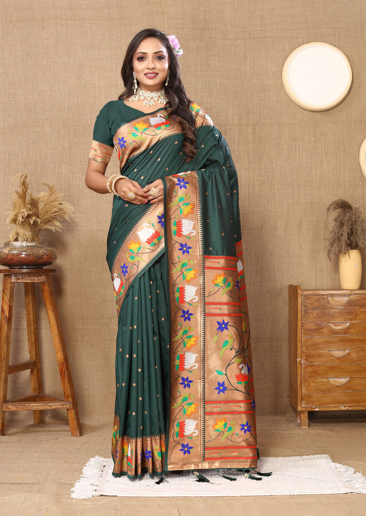 Gorgeous parrot-green Paithani silk saree featuring detailed meenakari weaving and a stunning zari border, ideal for special occasions.